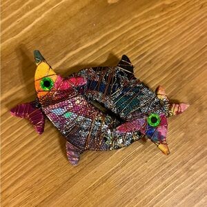 Vintage 2 fish jumping brooch multiple colors, green eye, copper wire 3 1/2 “